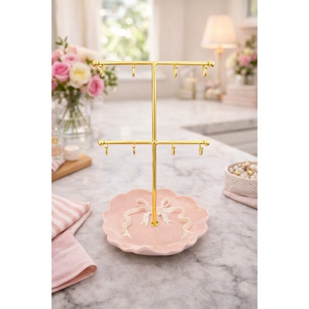 New Girly Shabby Chic W/ Bow Ceramic 2 Tier Tabletop Jewelry Organizer Stand